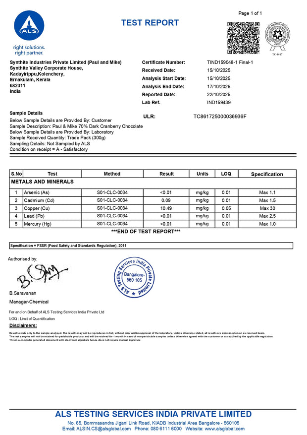 70% Dark Cranberries Chocolate | Vegan Friendly | Heavy Metals Tested