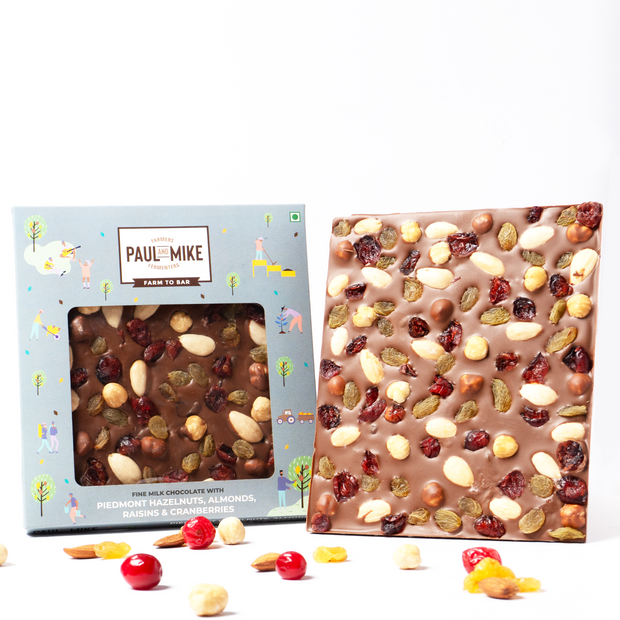 Piedmont Hazelnuts, Almonds, Raisins & Cranberries Fine Milk Chocolate Slab, 280g