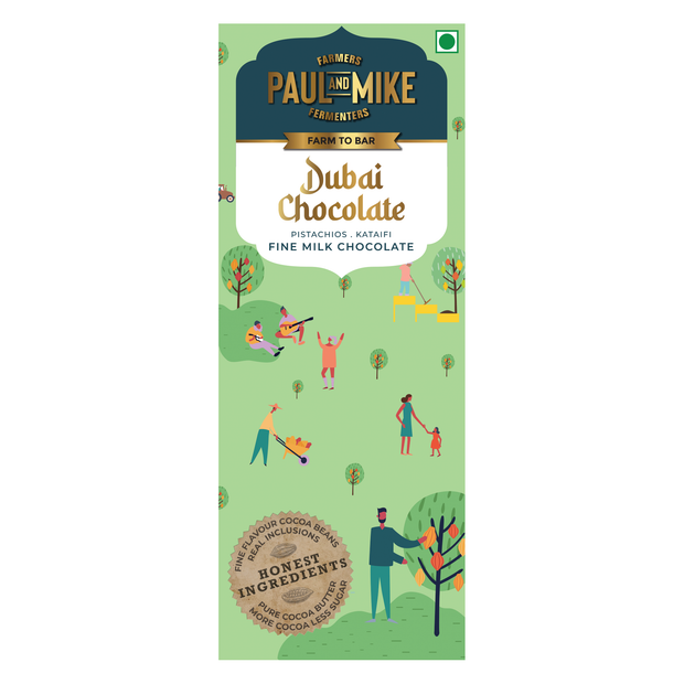 Front-of-pack design for Dubai Chocolate with illustrated packaging and bold text highlighting pistachio and kunafa dessert inspiration.