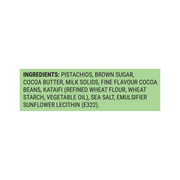 Ingredients list: pistachios, brown sugar, cocoa butter, kataifi pastry – natural, honest ingredients used in Kunafa Pistachio Chocolate.