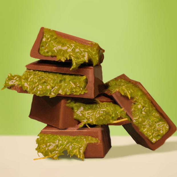 Stacked chocolate bars revealing inner pistachio-kunafa filling with golden-green hues – Dubai-inspired dessert chocolate.