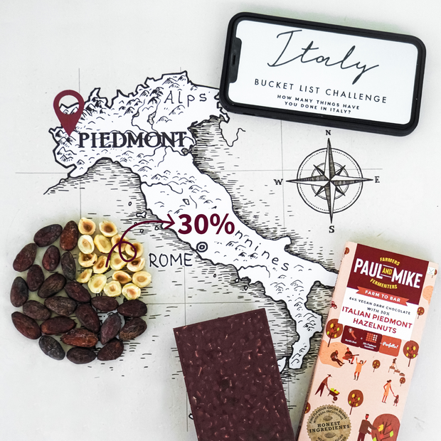 64% Dark Chocolate with 30% Italian Piedmont Hazelnuts