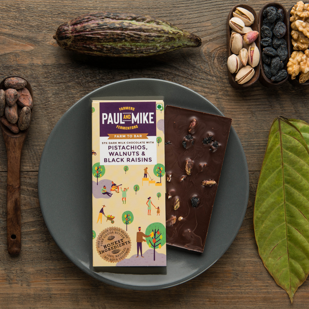 57% Dark Milk Pistachios Walnuts & Black Raisins Chocolate