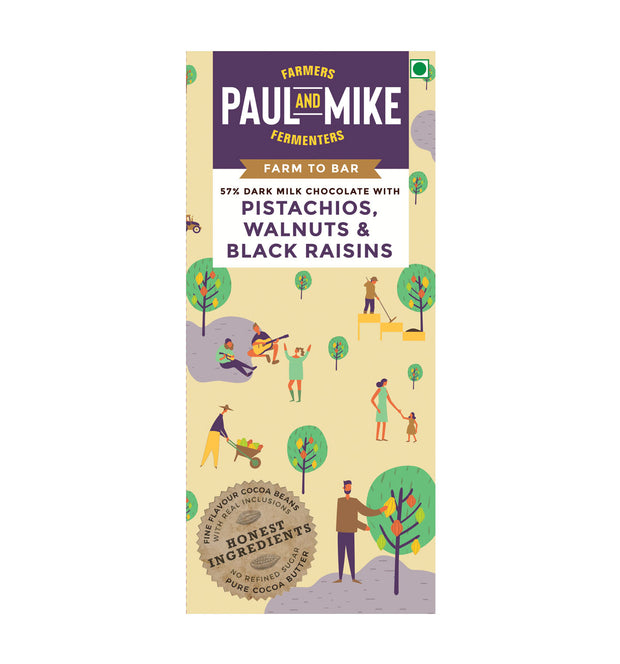 57% Dark Milk Pistachios Walnuts & Black Raisins Chocolate