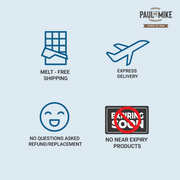 Icons showing melt-free shipping, express delivery, refund policy, and quality assurance – benefits of ordering Paul & Mike chocolate.